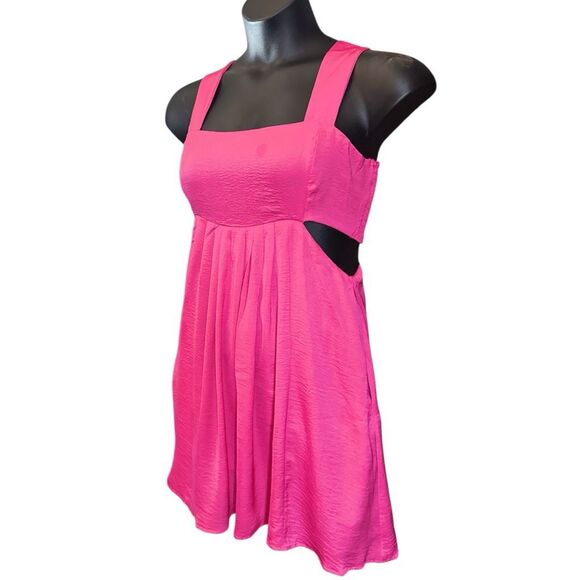 Hot Pink Mini Dress Pocket Washed Satin Cutout Skirt Bandeau | Davi & Dani - Picture 9 of 16